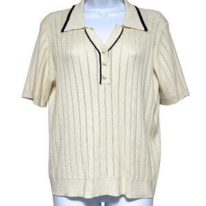 Adrianna Papell Sweater Womens Size L‎ Creamy White Pointelle Knit Collared